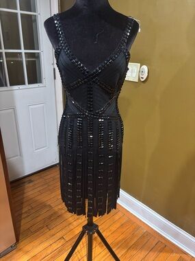City Boutique Black Spaghetti Strapped Beaded Fringe Cocktail Dress -Sz L NWOT